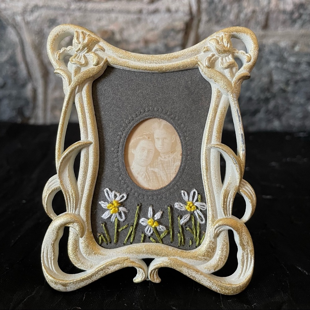 Antique tintype with daisy embroidery, one of a kind unique spring art cottage